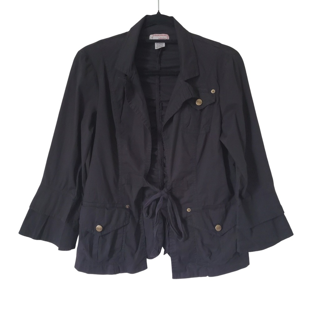 Wearables XCVI Womens Black Tie Front Ruffle Sleeve Utility Jacket Size M Boho